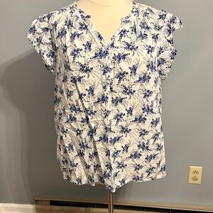 Lane Bryant White Blouse with Blue Floral Pattern